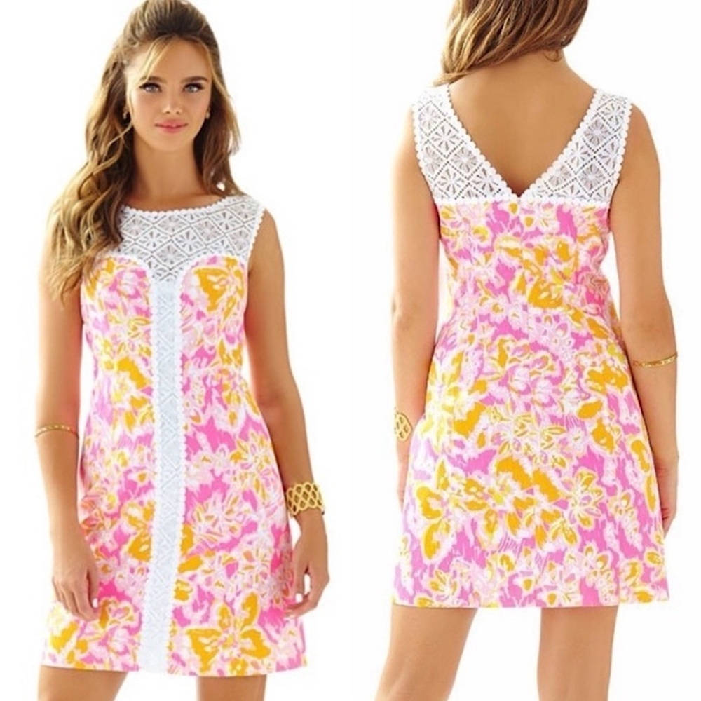 LILLY PULITZER SOFIA OH LA LA KIR ROYAL PINK ORANGE LACE FLORAL SHIFT DRESS